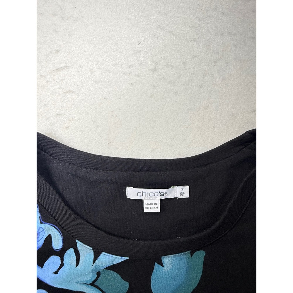 Chicos Womens Size XL Black Blue Floral Baroque Long Sleeve Jersey Knit Top - Picture 3 of 3